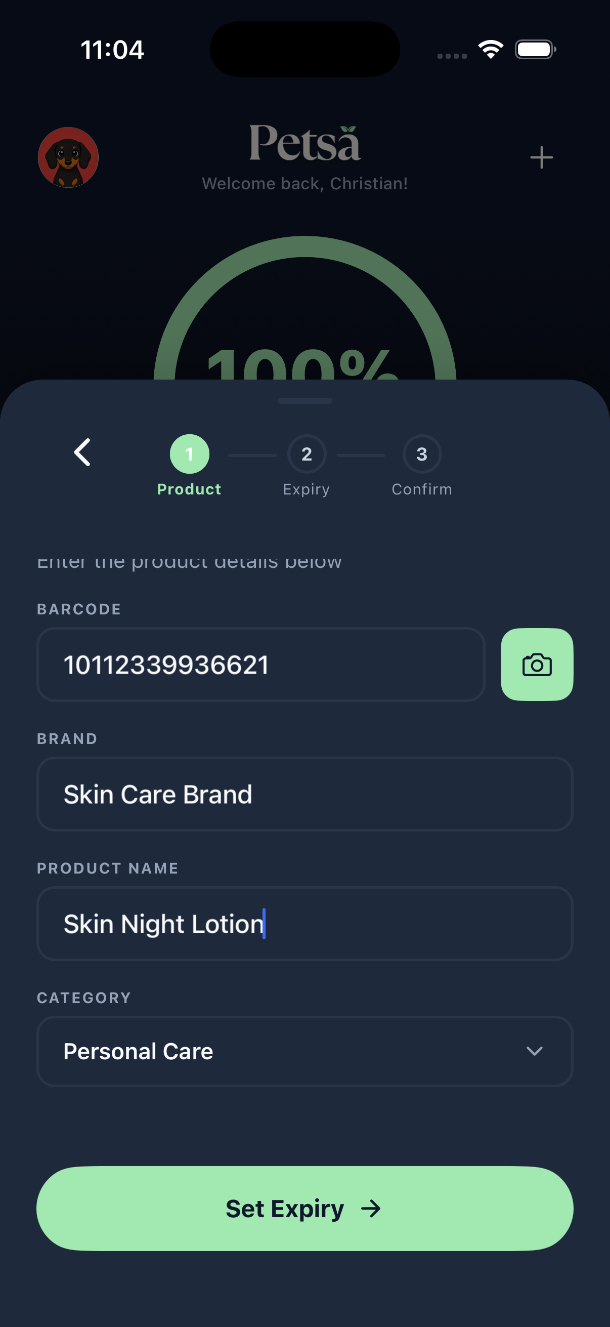 Adding an item: Skin Night Lotion under Skin Care Brand, assigned to Personal Care category.