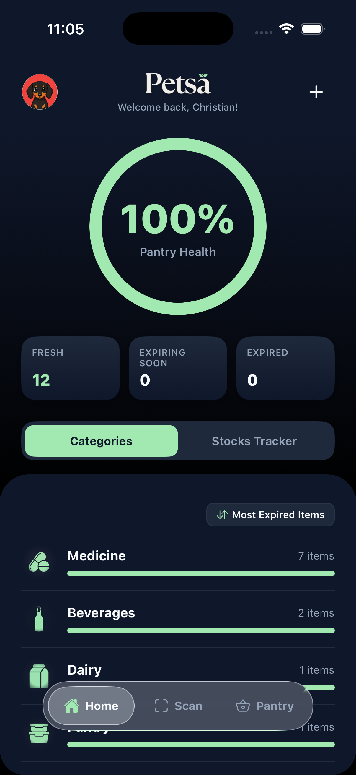 Petsa home screen showing a 100% pantry health ring, with counts for fresh, expiring soon, and expired items, and tabs for Categories and Stocks Tracker.