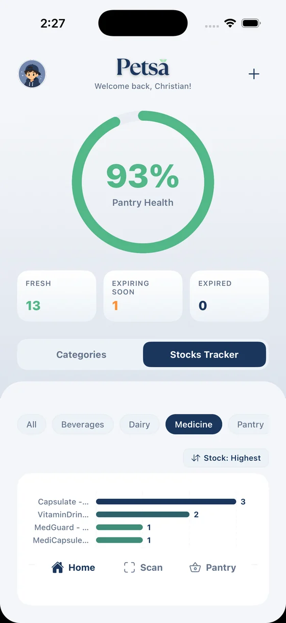 Petsa home screen showing a 100% pantry health ring, with counts for fresh, expiring soon, and expired items, and tabs for Categories and Stocks Tracker.
