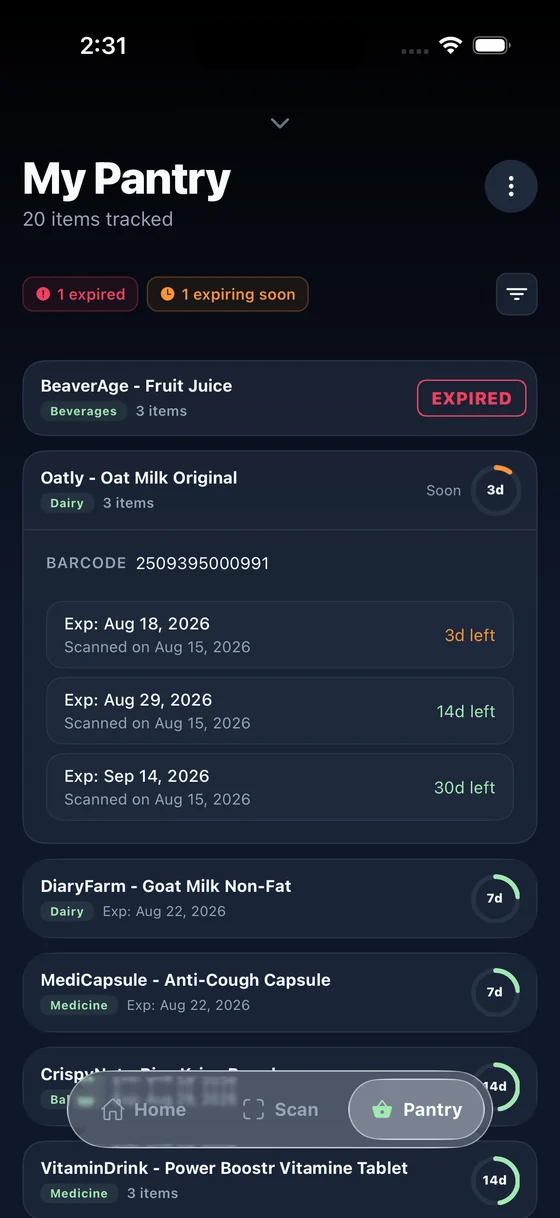 The My Pantry list, sorted by expiry, with days remaining shown on a ring beside each item.