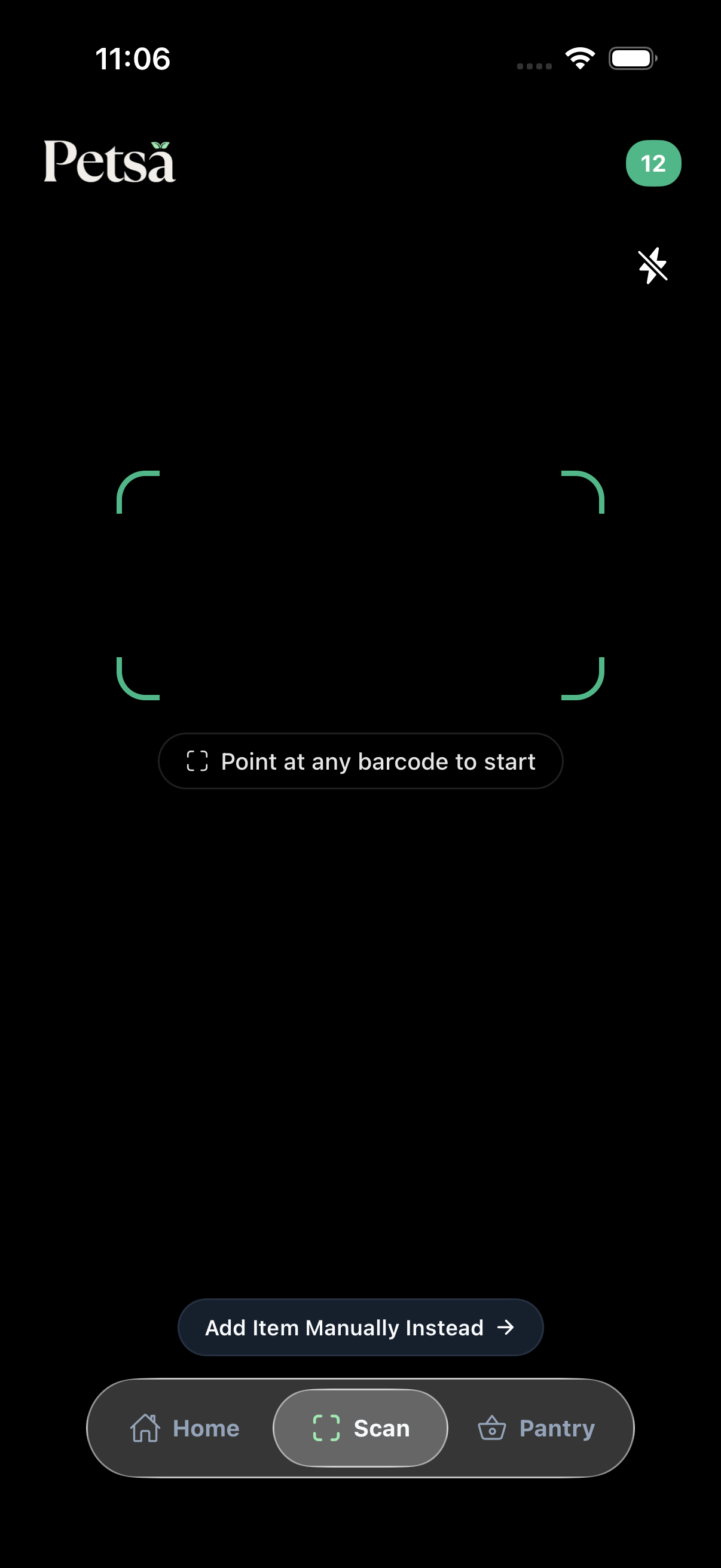 Lightning fast barcode scanner interface with 'Point at any barcode to start' instructions.