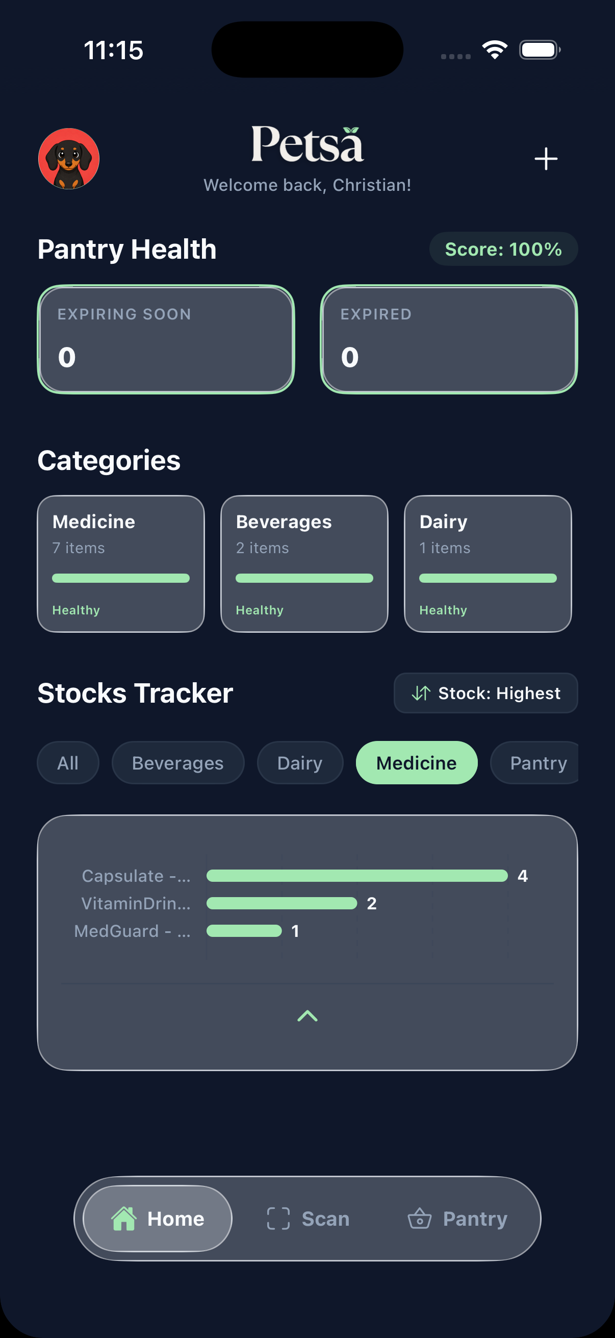 Simple Mode showing high contrast pantry health score and category counts.