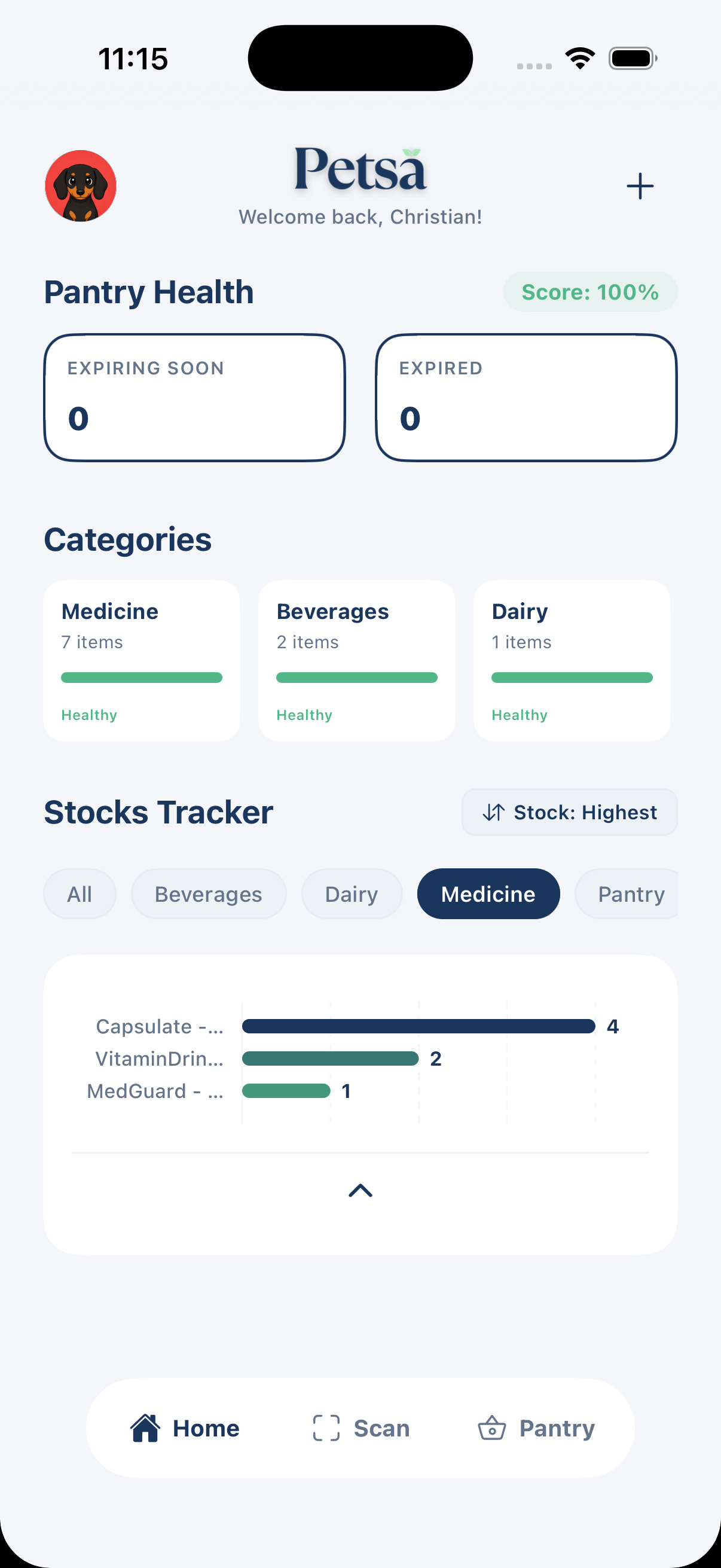 Simple Mode showing high contrast pantry health score and category counts.